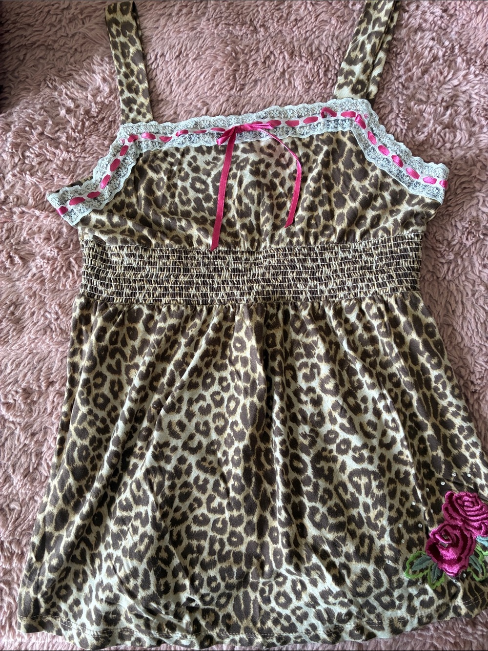 Limited Too Leopard Print Camisole with Pink Ribbon and Rose Applique